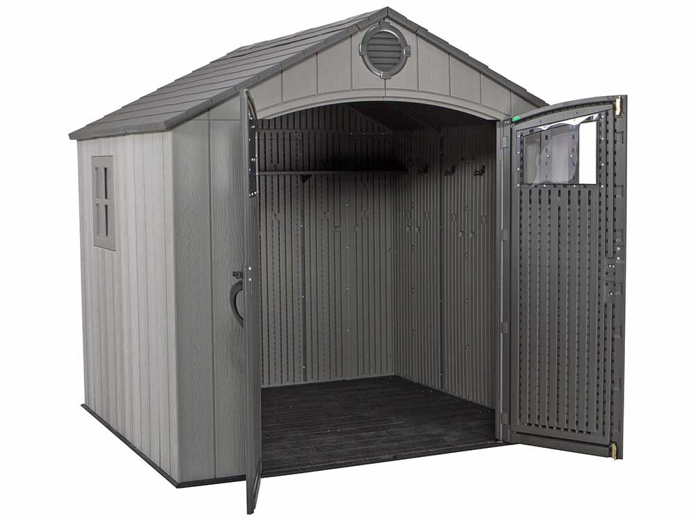 Пластиковый сарай (хозблок) WOODLOOK 8x7,5 60299 габариты 223,6 х 238,7 см с двускатной крышей для дачи или загородного дома