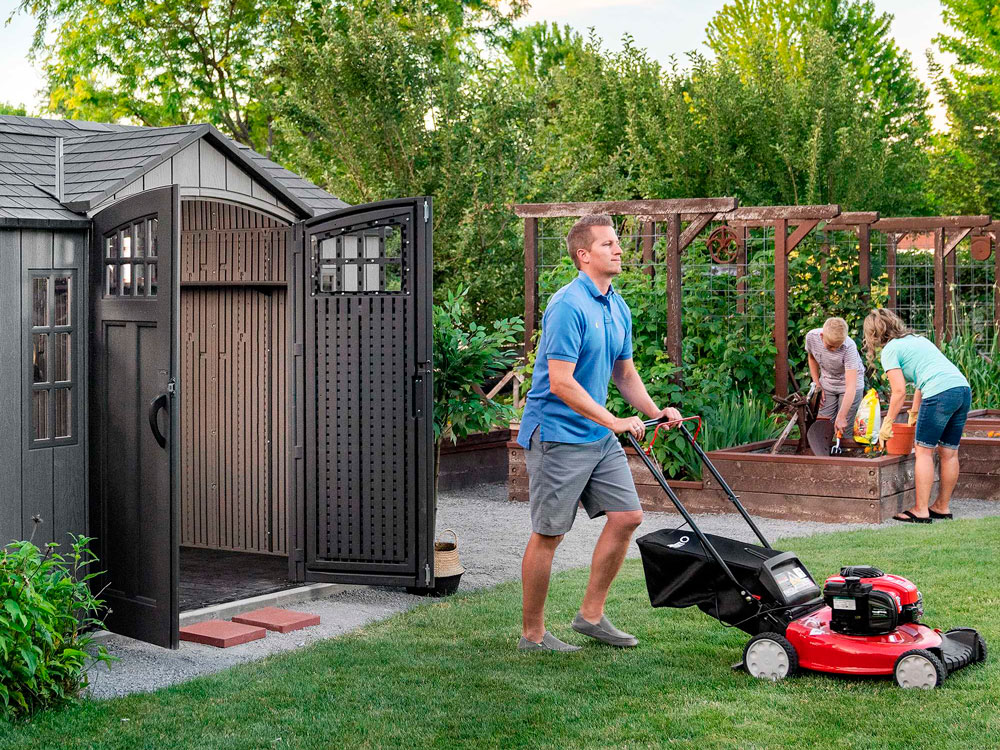 Сарай (хозблок) пластиковый WOODLOOK 10x8 60334 габариты 238 х 299 см с двускатной крышей для дачи или загородного дома
